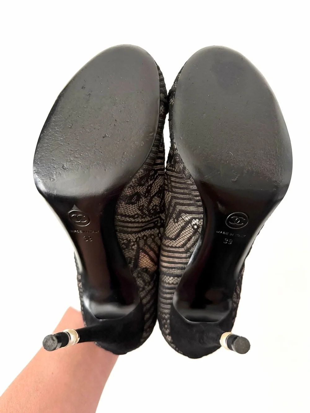 CHANEL | CC Logo Black Lace Up Booties Pearl Stiletto EU 39